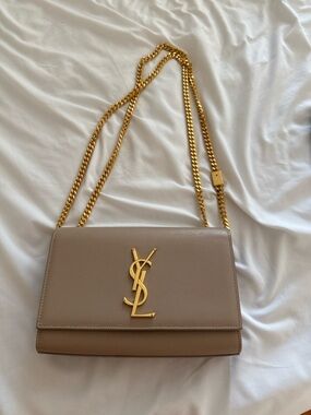 Saint Laurent Taupe Beige Leather Chain Shoulder Bag with Gold Hardware